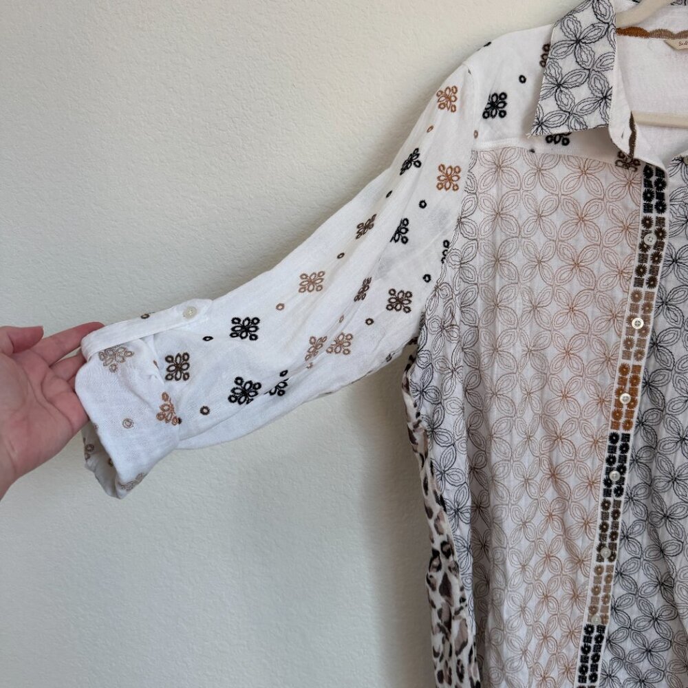 Soft Surroundings Mixed Print Cotton Gauze Button Front Shirt Boho Embroidered - Picture 3 of 9